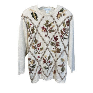 Vintage Floral Embroidered Tunic Sweater Sz Medium Beige Cottage Mature Grandma